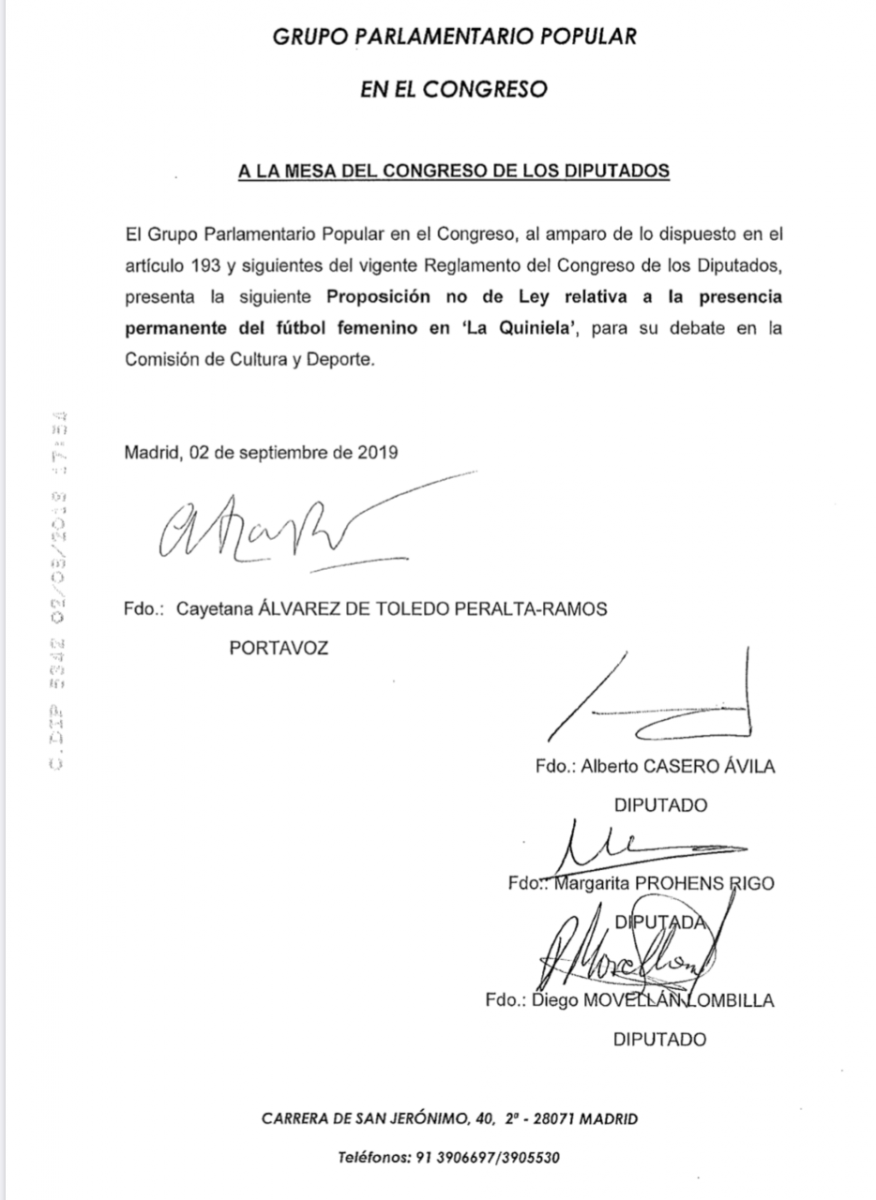  El PP propuso ante el Congreso de los Diputados la presencia permanente del fútbol femenino en La Quiniela