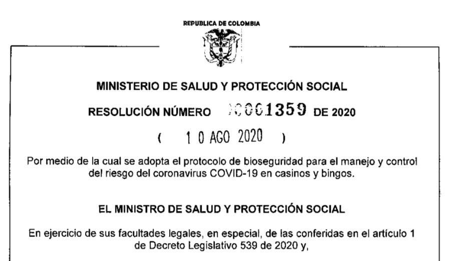 COLOMBIA: Ministerio de salud y protección social aprueba protocolo de bioseguridad para casinos y bingos