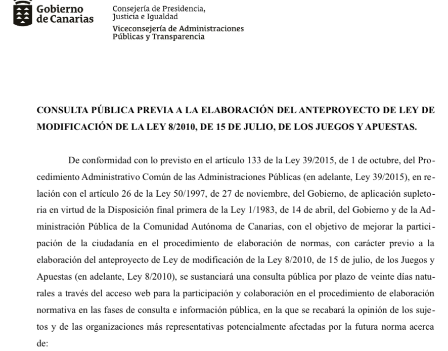 CANARIAS: Les ofrecemos el documento de CONSULTA PÚBLICA PREVIA A LA ELABORACIÓN DEL ANTEPROYECTO DE LEY DE MODIFICACIÓN DE LA LEY