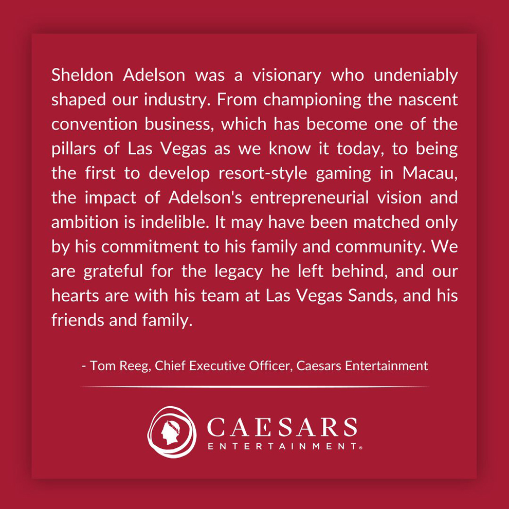  Caesars Entertainment, en sus condolencias por la muerte de Sheldon Adelson