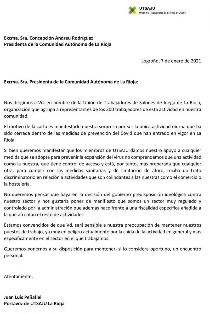 Unión de Trabajadores de Salones de Juego La Rioja solicitó por carta a la Presidenta de la Comunidad que no se margine deliberadamente a su sector
