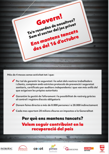La campaña por la reapertura del juego en Catalunya que cuenta con el apoyo de Foment, Cecot, Pimec, Consell de Gremis, CC.OO. y UGT