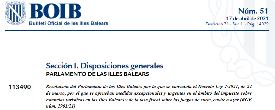 El Boletín Balear publica la convalidación del Decreto Ley que bonifica la tasa en el ejercicio fiscal de 2021