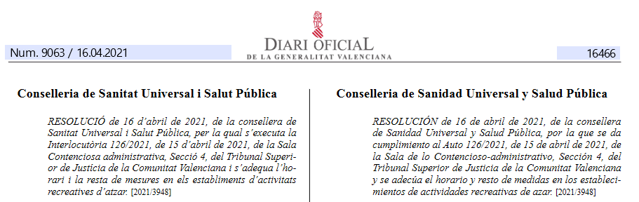 El Diari Oficial de la Generalitat Valenciana establece mismos horarios entre Establecimientos de Juego y Hostelería