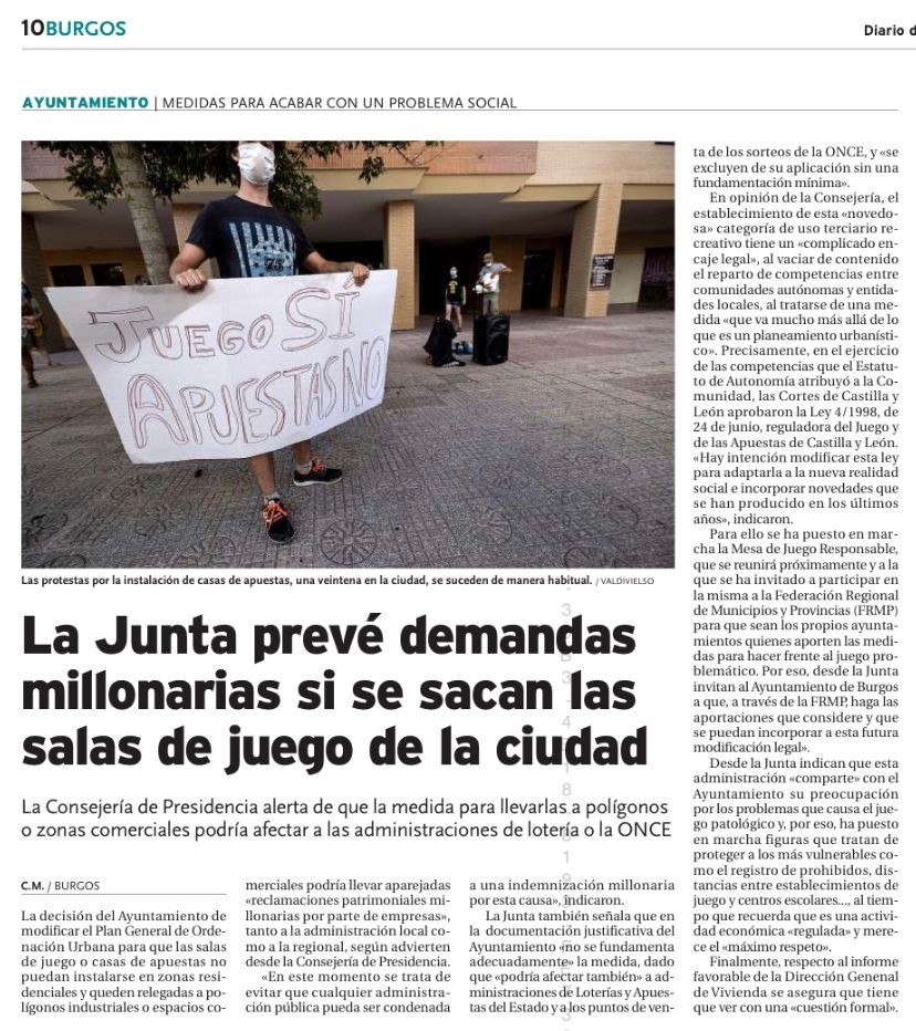La Junta avisa que la decisión del Ayuntamiento de Burgos afectaría también a Administraciones de Lotería y a la ONCE