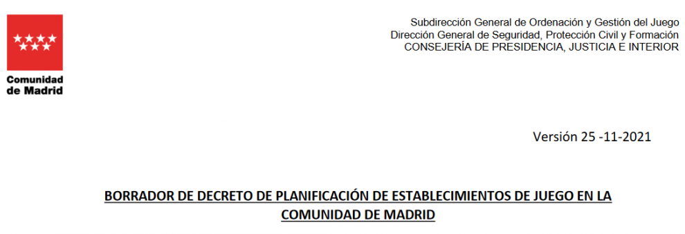 COMUNIDAD DE MADRID
Puntos destacados del Borrador de decreto de planificación: Número de máquinas, de establecimientos, uso de tarjetas, especificaciones en el control de acceso...