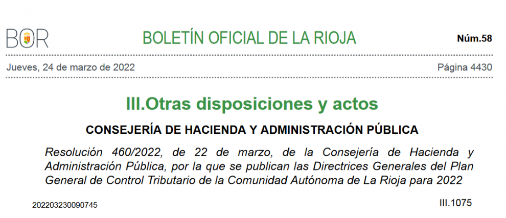 Directrices sobre Juego del Plan de Control Tributario de La Rioja publicada hoy en el Boletín