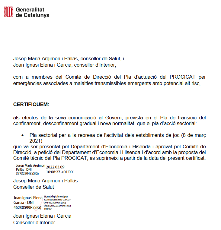 Generalitat aprobó el Plan sectorial para la reanudación de la actividad de los establecimientos de juego