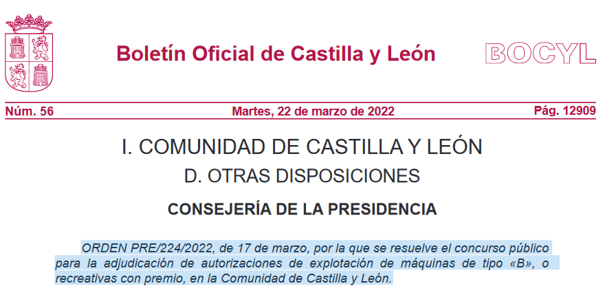 Resuelto el concurso público para la adjudicación de autorizaciones de explotación de máquinas de tipo B en Castilla y León