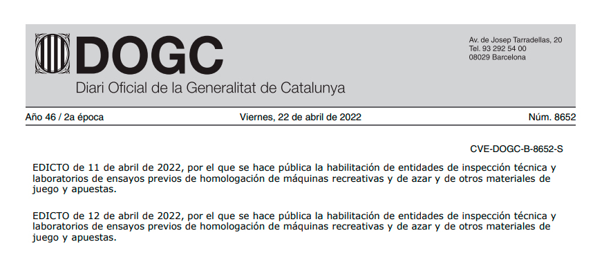  Cataluña: Publicada en el DGOC la habilitación al LABORATORIO DE ENSAYOS DE MÁQUINAS RECREATIVAS (LEMAR)