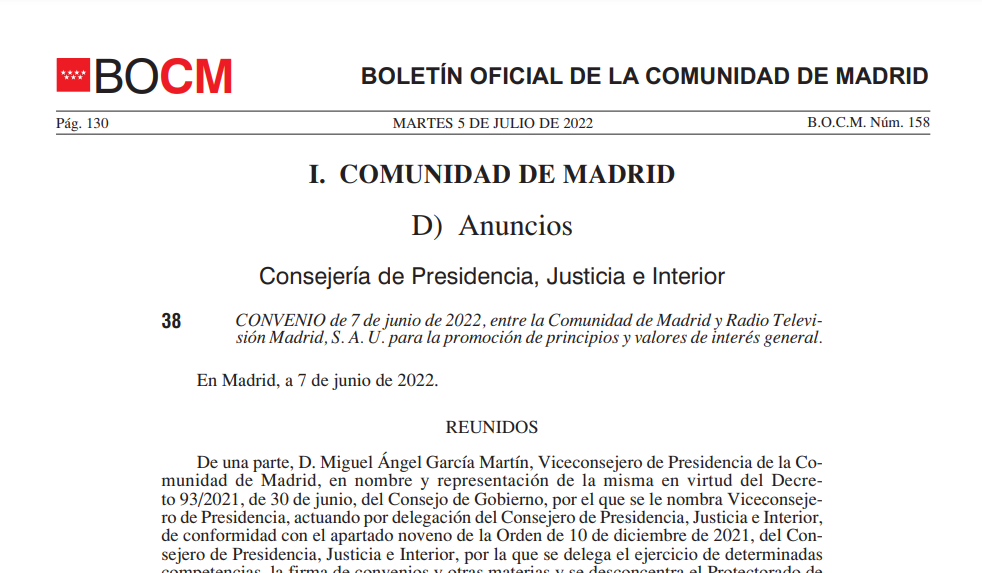  Publicado en el BOCM el convenio entre la Comunidad de Madrid y Radio Televisión Madrid para la 