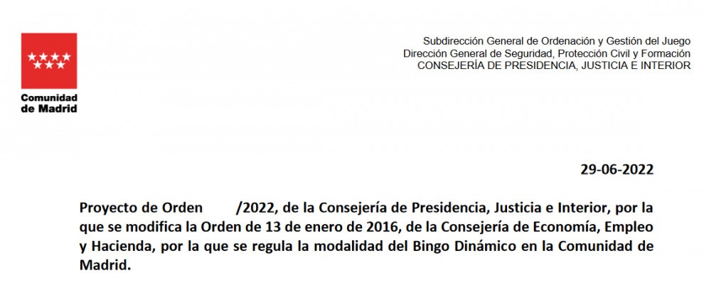 El monedero electrónico para compra de cartones o cobro de premios, la eliminación de interconexión entre locales o número mínimo de terminales, en el Proyecto de Orden del Bingo Dinámico de la Comunidad de Madrid