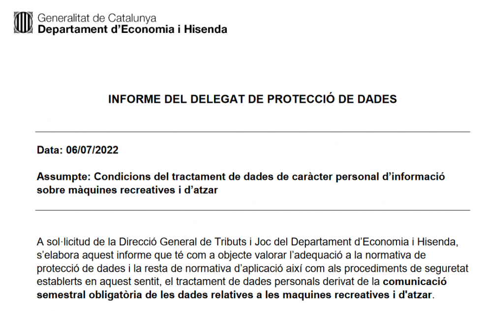 La dirección de Tributos de Catalunya emite informe aclaratorio ante las dudas sobre la protección de datos en el suministro de información de máquinas