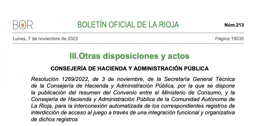 Nuevo convenio entre el Ministerio de Consumo y la Consejería de Hacienda de la Rioja para la interconexión automatizada de los registros de acceso al juego