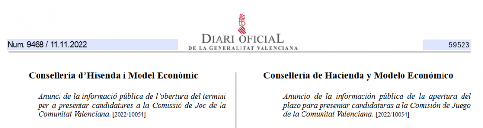 La Generalitat Valenciana publica HOY el Anuncio de la información pública de la apertura del plazo para presentar candidaturas a la Comisión de Juego