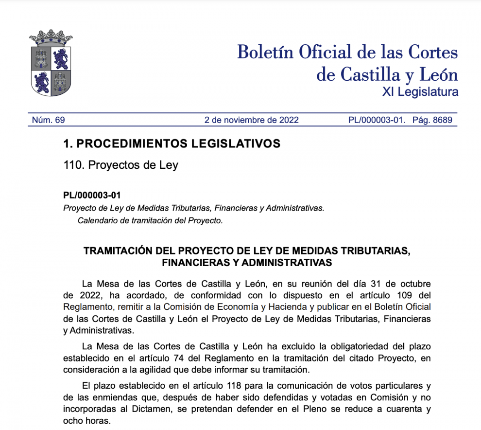 Publicado en el Boletín de Castilla y León el Proyecto de Ley de Medidas Tributarias, Financieras y Administrativas. Calendario de tramitación 