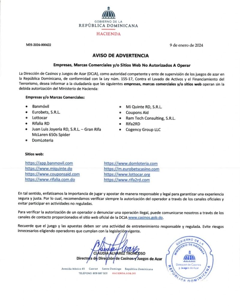 Advertencia de la Dirección de Casinos y Juegos de Azar de la República Dominicana sobre operadores no autorizados