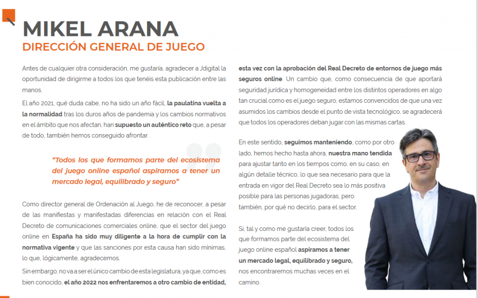 Mikel Arana: He de reconocer que el sector del juego online en España ha sido muy diligente a la hora de cumplir con la normativa vigente y que las sanciones han sido mínimas