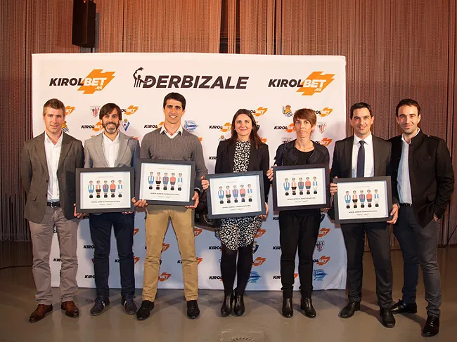 De Izq. a der: Eñaut Ruiz: Director Gerente de KIROLBET, Iker Garibay: Deportivo Alavés, Xabier Laraya: Osasuna, Gema Baque: Eibar, Oihana Arregi: Real Sociedad, Mitxel Etxebarria: Athletic Club. Beñardo Elorz: Responsable de Makerting de KIROLBET