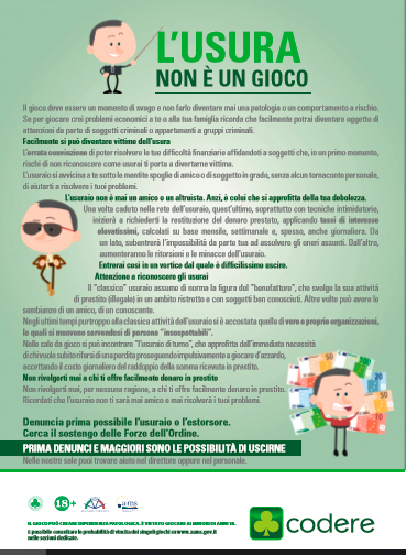 CODERE ITALIA lanza “L’USURA NON È UN GIOCO” (LA USURA NO ES UN JUEGO) en todas sus Salas