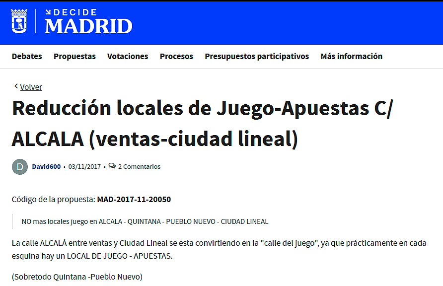 “NO más locales juego en ALCALA - QUINTANA - PUEBLO NUEVO - CIUDAD LINEAL”, nueva propuesta ciudadana al Ayuntamiento de Madrid