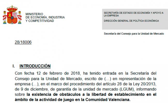 La Secretaría de Unidad de Mercado se manifiesta en contra de pedir consentimiento a la empresa operadora para instalar Apuestas en bares