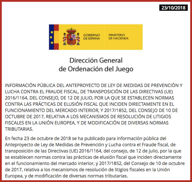 El Anteproyecto de Ley de Medidas de Prevención y Lucha contra el Fraude fiscal pone el acento en perseguir el juego no autorizado que llega desde fuera de España