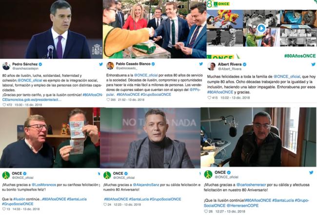 Pedro Sánchez, Pablo Casado, Albert Rivera, Inés Arrimadas, Alejandro Sanz, Carlos Herrera, …todas las personalidades que han felicitan a la ONCE su 80 aniversario