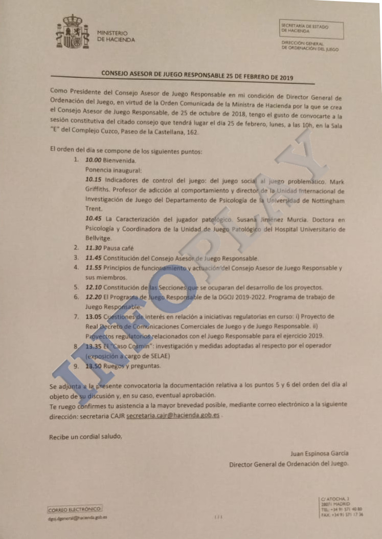 EXCLUSIVA TODO LO HABLADO en la reunión del Consejos Asesor de Juego Responsable- Publicamos el ORDEN DEL DÍA