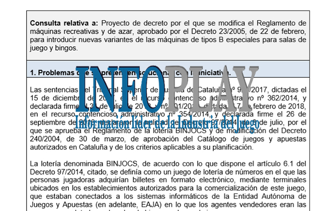 EN EXCLUSIVA
PUBLICAMOS la ficha explicativa de consulta previa de la NUEVA máquina ESPECIAL B para Salones y Bingos de Catalunya 