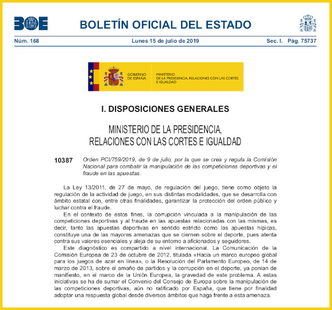 La Industria del juego también estará justamente representada en la Comisión Nacional para combatir la manipulación en eventos deportivos