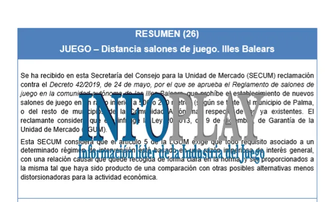 Dictamen de la Secretaría del Consejo para la Unidad de Mercado sobre la imposición de distancias entre Salones en Baleares