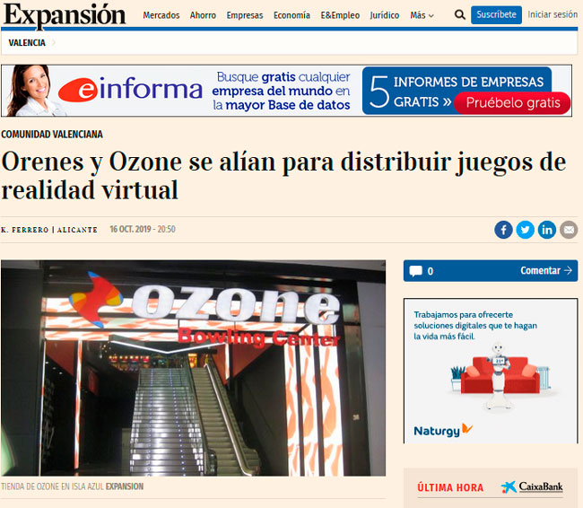 El diario Expansión se hace eco de la nueva sociedad 'Orenes Zone' que lanzará juegos de realidad virtual