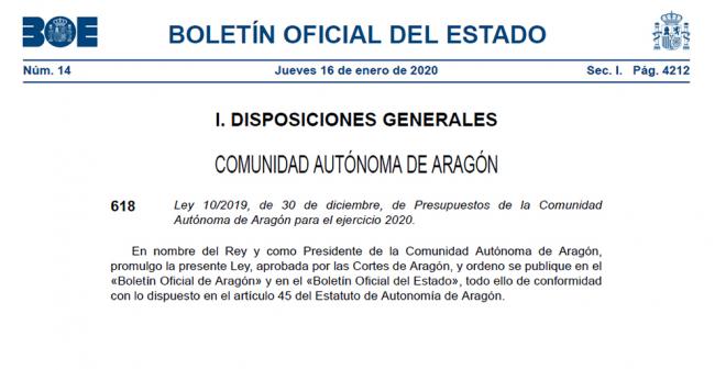Publicación de los Presupuestos Generales de la Comunidad Autónoma de Aragón en el BOE