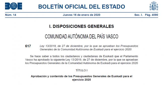 Publicación de los Presupuestos Generales de la Comunidad Autónoma de Euskadi en el BOE