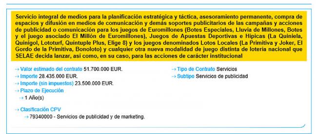 En pleno debate de la publicidad del Juego, el Estado firma un contrato de 23.500.000 de EUROS para promocionar algunos de sus juegos