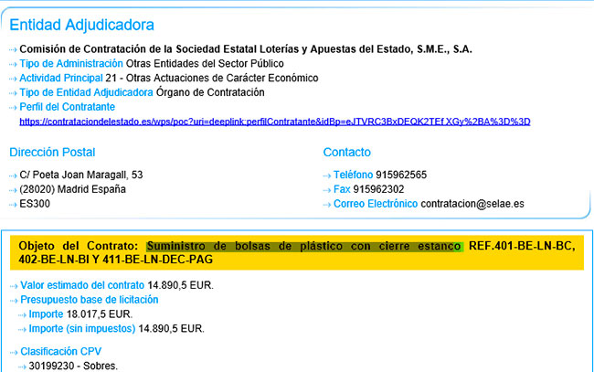 Loterías y Apuestas del Estado se gasta 14.890,5 Euros en bolsas de plástico