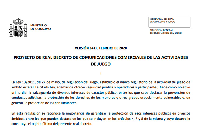 PROYECTO de REAL DECRETO de Publicidad del Juego recién publicado