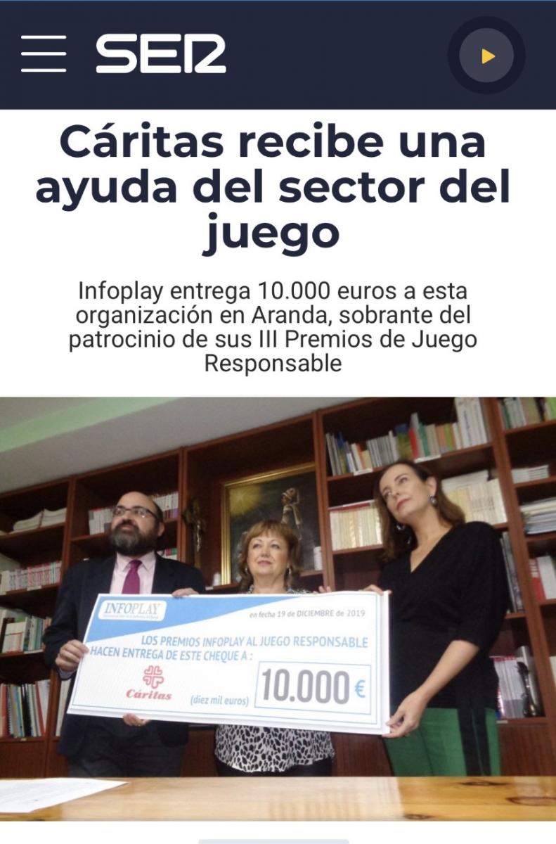 CÁRITAS y los PREMIOS INFOPLAY AL JUEGO RESPONSABLE
Así están contribuyendo los 10.000€ de la donación  