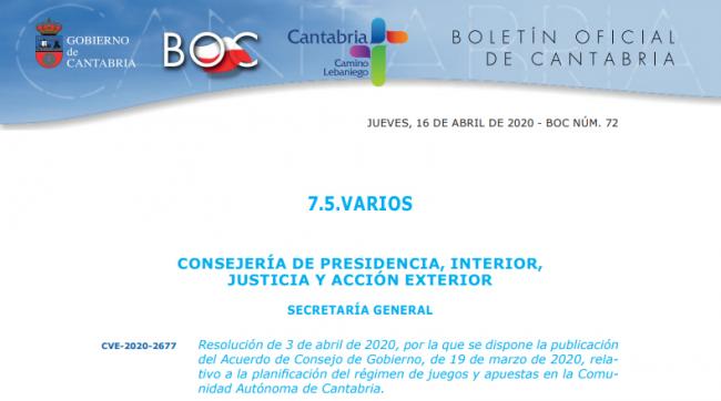 (SPAIN) Cantabria: authorizations for gaming establishments are temporarily suspended
