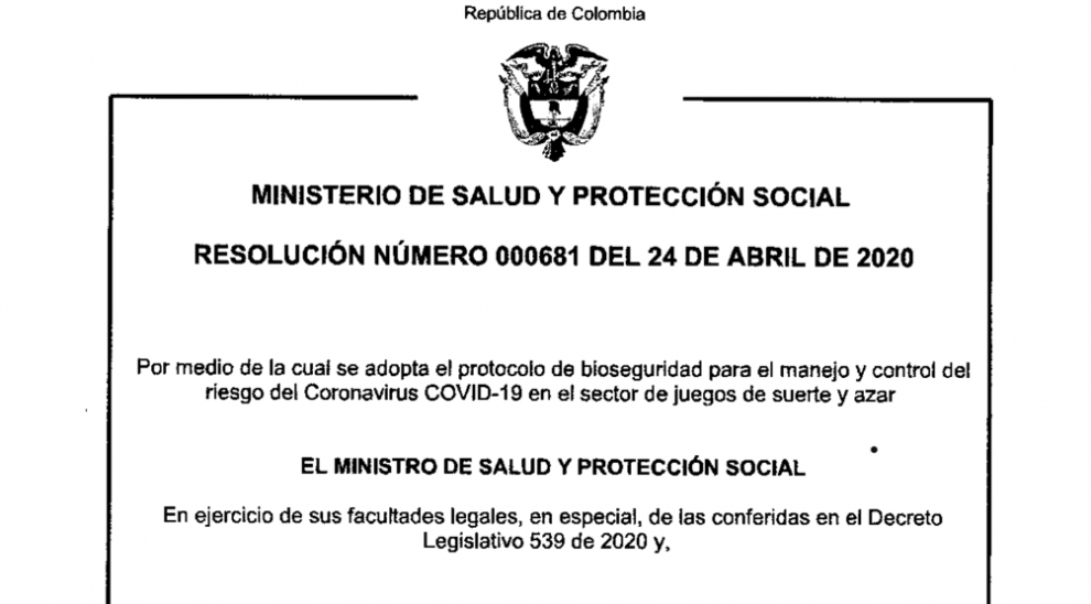 Colombia: Aprueban un protocolo de bioseguridad para el sector del juego