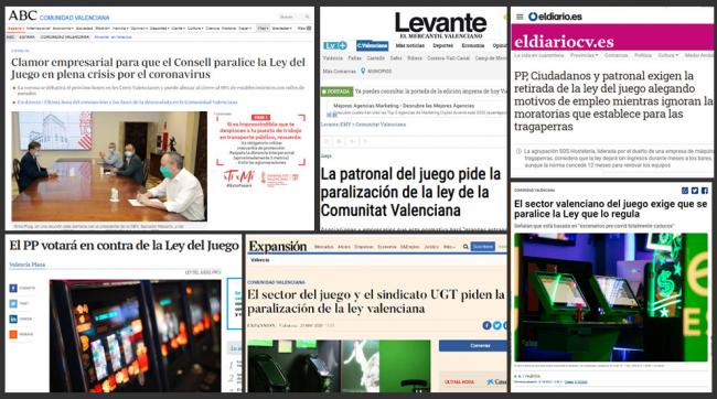  CLAMOR EN LA PRENSA GENERALISTA 
Masiva información del comunicado de la patronal y UGT contra la aprobación de Ley del Juego de Valencia