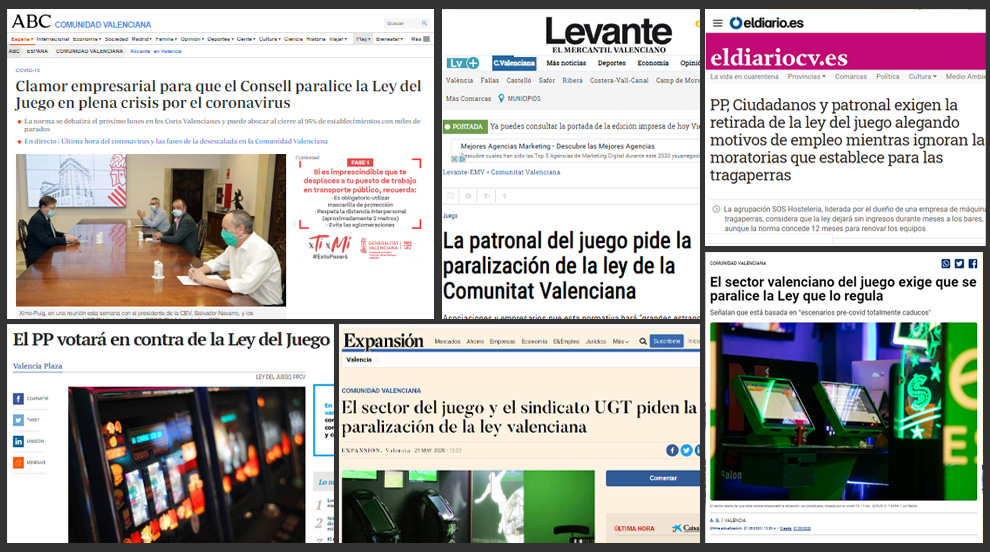  CLAMOR EN LA PRENSA GENERALISTA 
Masiva información del comunicado de la patronal y UGT contra la aprobación de Ley del Juego de Valencia