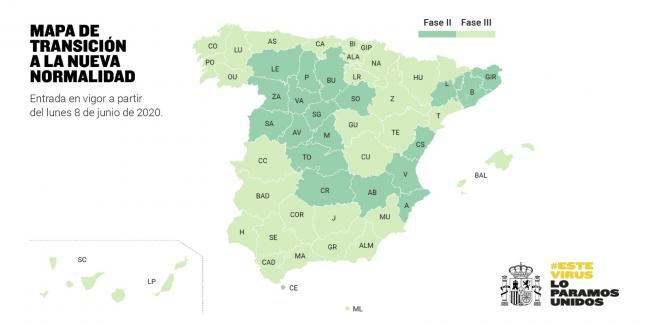 Mapa de la situación actual de España por fases del Plan para la Transición hacia la Nueva Normalidad 