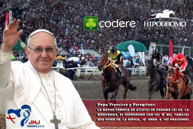 No nos hemos resistido a publicar este curioso cartel del Hipódromo para dar la bienvenida al Papa en su visita del año pasado.