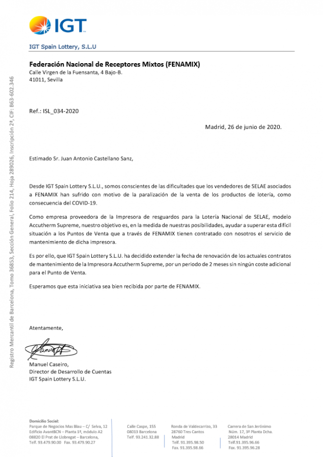 IGT extiende la garantía de la impresora que suministra a los puntos de venta de Lotería en España