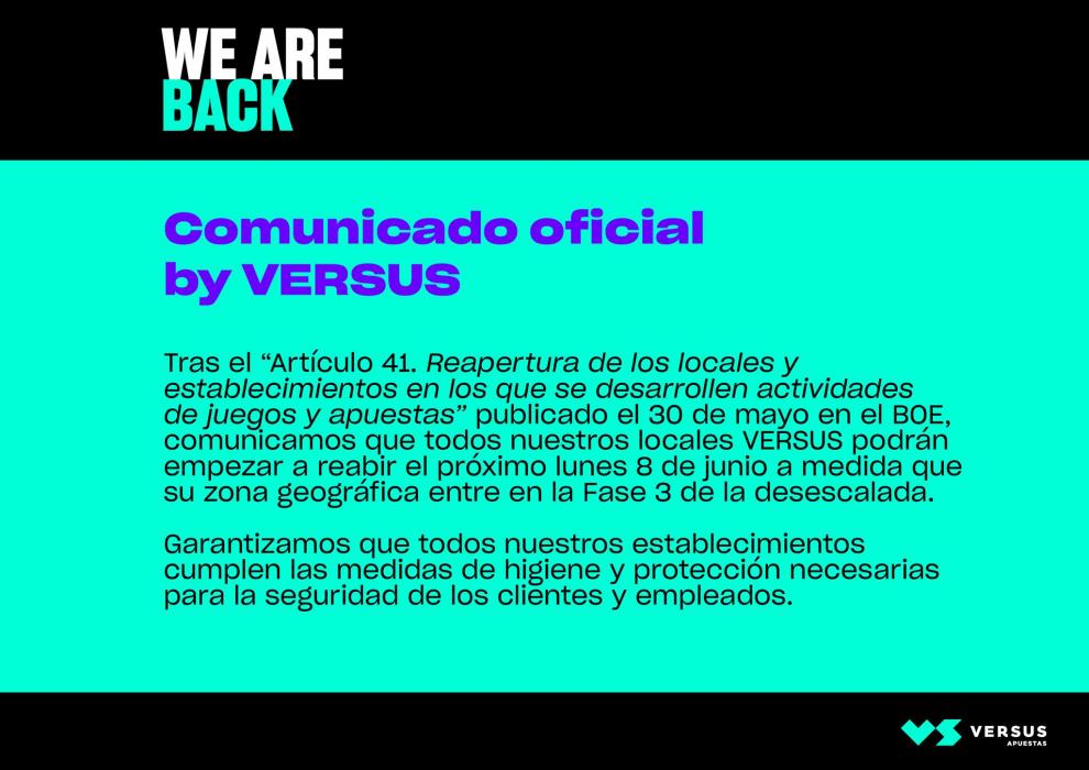 Versus (Grupo Orenes) anuncia la reapertura de sus locales a partir del 8 de junio