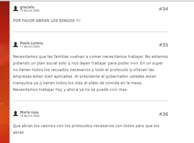 Peticiones diarias implorando la reapertura de casinos y bingos para poder trabajar: 