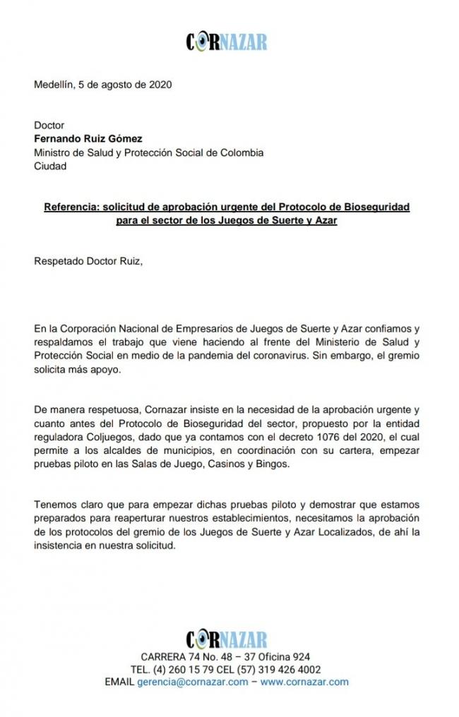  Colombia: Cornazar reitera a las autoridades la necesidad a aprobar el protocolo de bioseguridad presentado por el sector