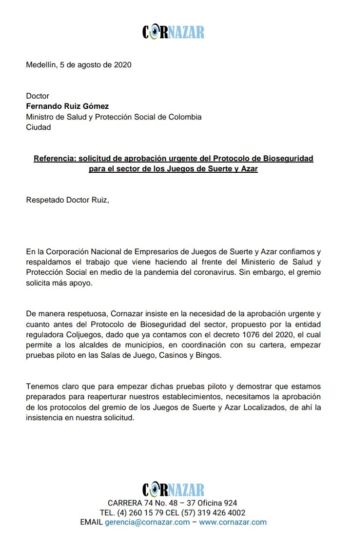 Colombia: Cornazar reitera a las autoridades la necesidad a aprobar el protocolo de bioseguridad presentado por el sector